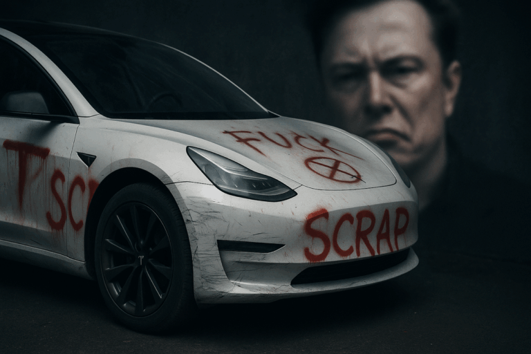 Voiture Tesla taguée et dégradée, sur fond de portrait flouté d’Elon Musk