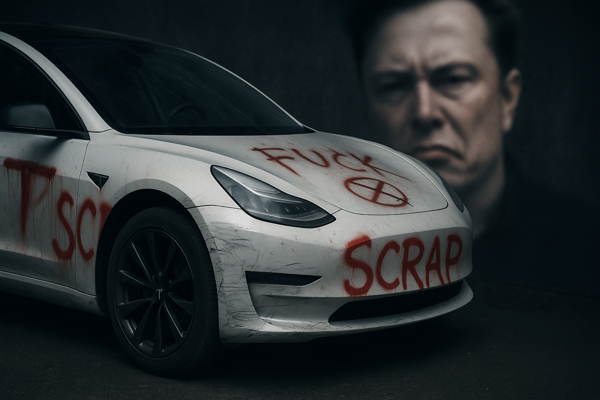 Voiture Tesla taguée et dégradée, sur fond de portrait flouté d’Elon Musk