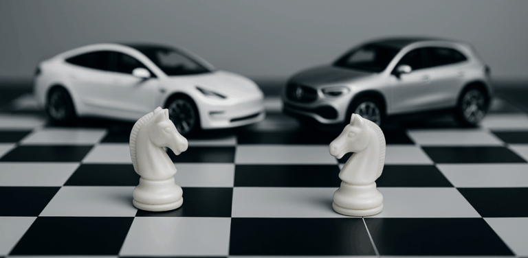 Pièces d’échecs et voitures électriques miniatures sur un échiquier, symbolisant la stratégie d’offre.