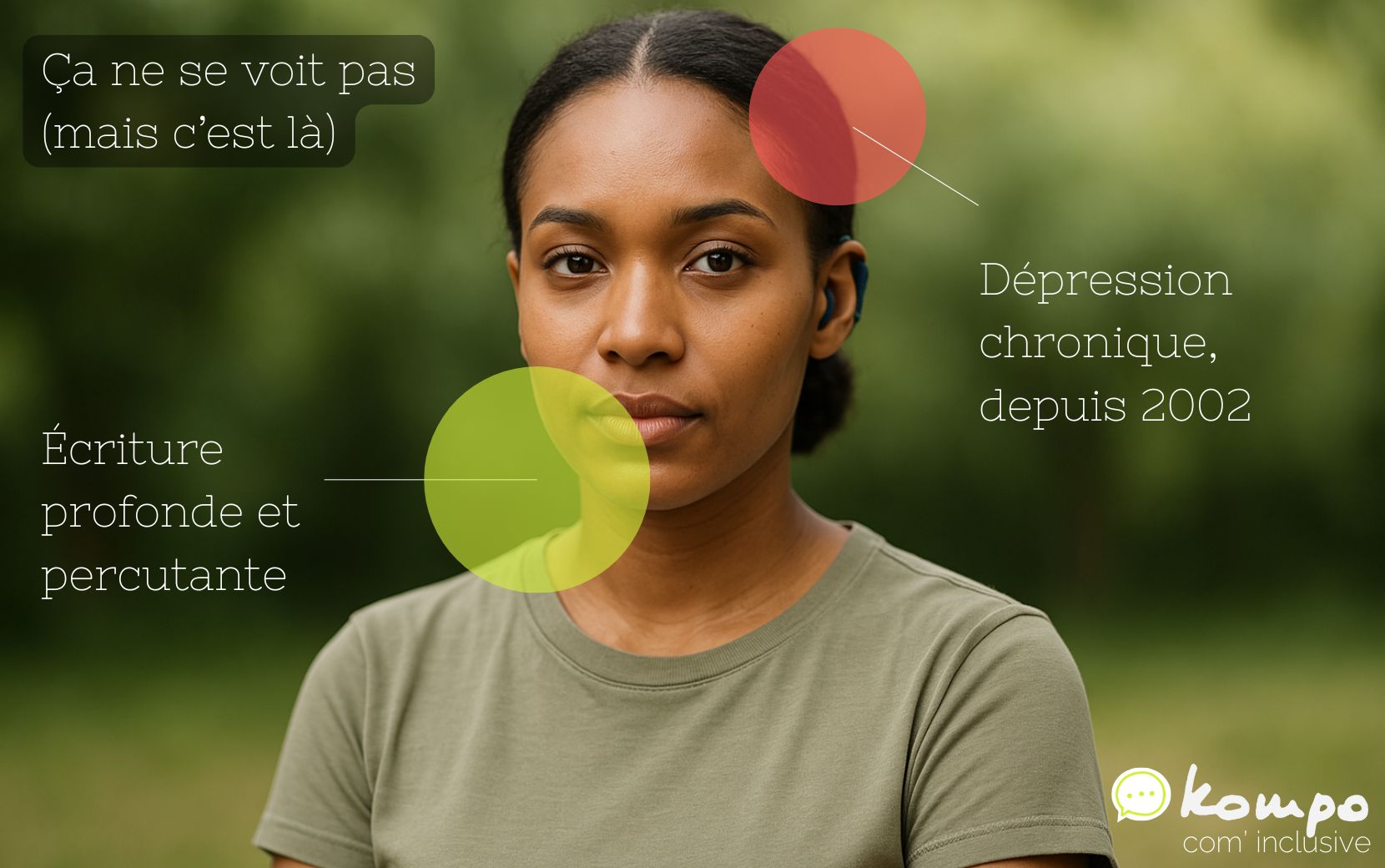 Handicap invisible : dépression chronique (depuis 2002) – atout : écriture profonde et percutante.