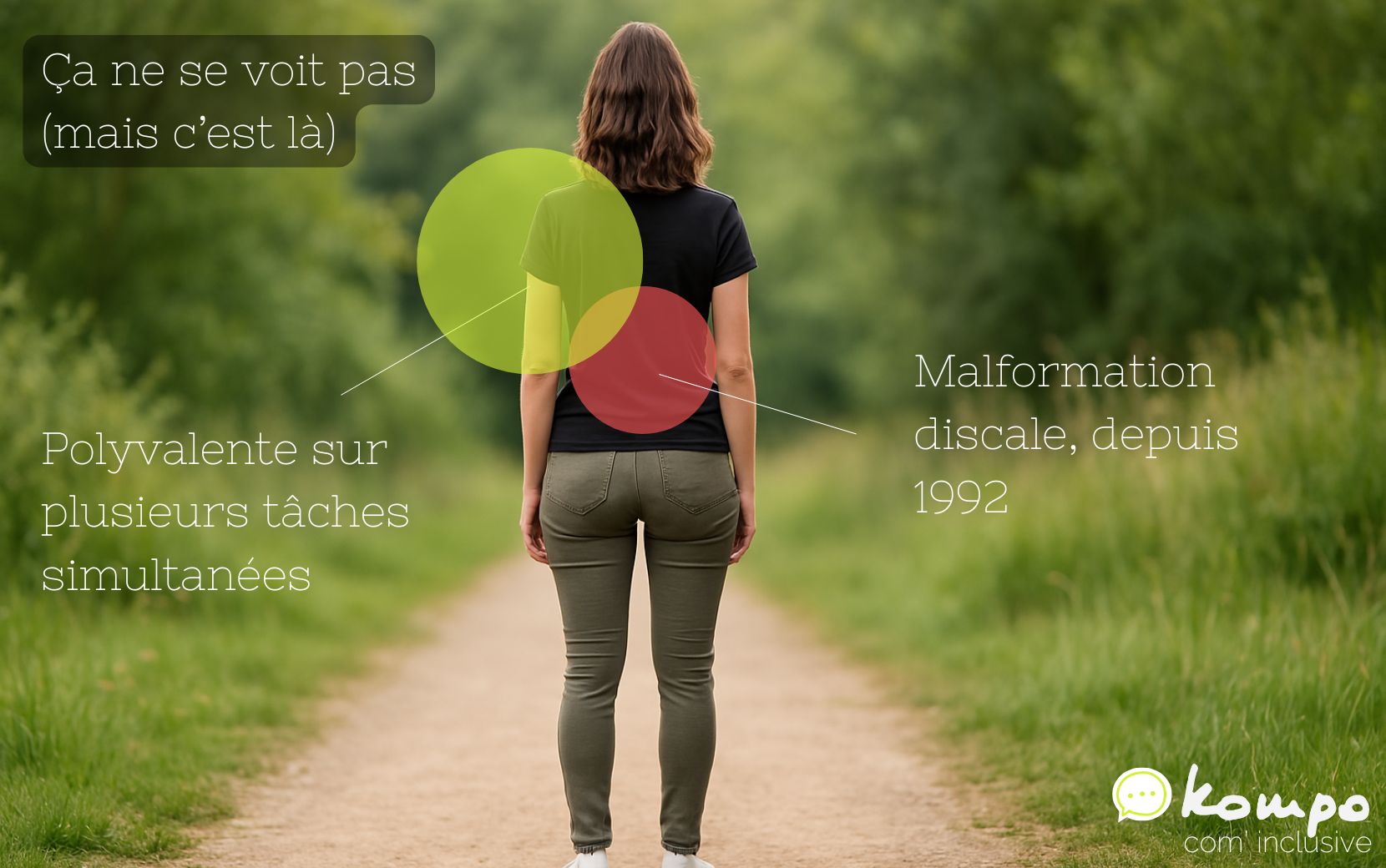 Handicap invisible : malformation discale (depuis 1992) – atout : polyvalente sur plusieurs tâches simultanées.