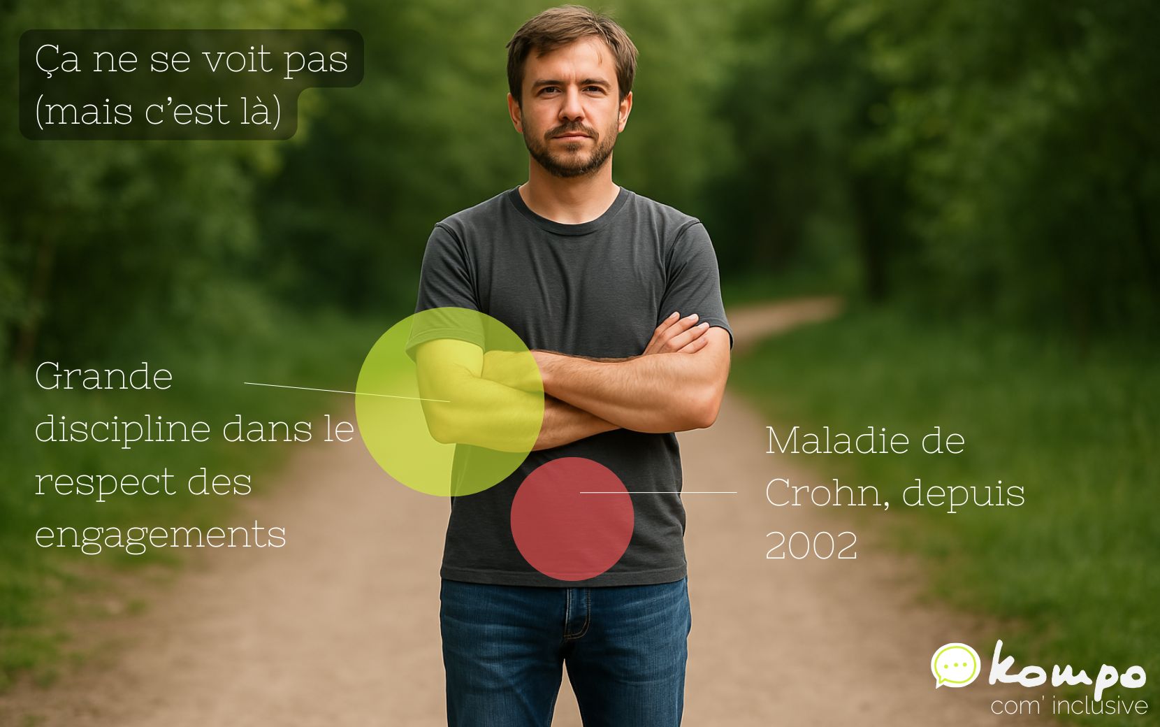 Handicap invisible : maladie de Crohn (depuis 2002) – atout : grande discipline dans le respect des engagements.