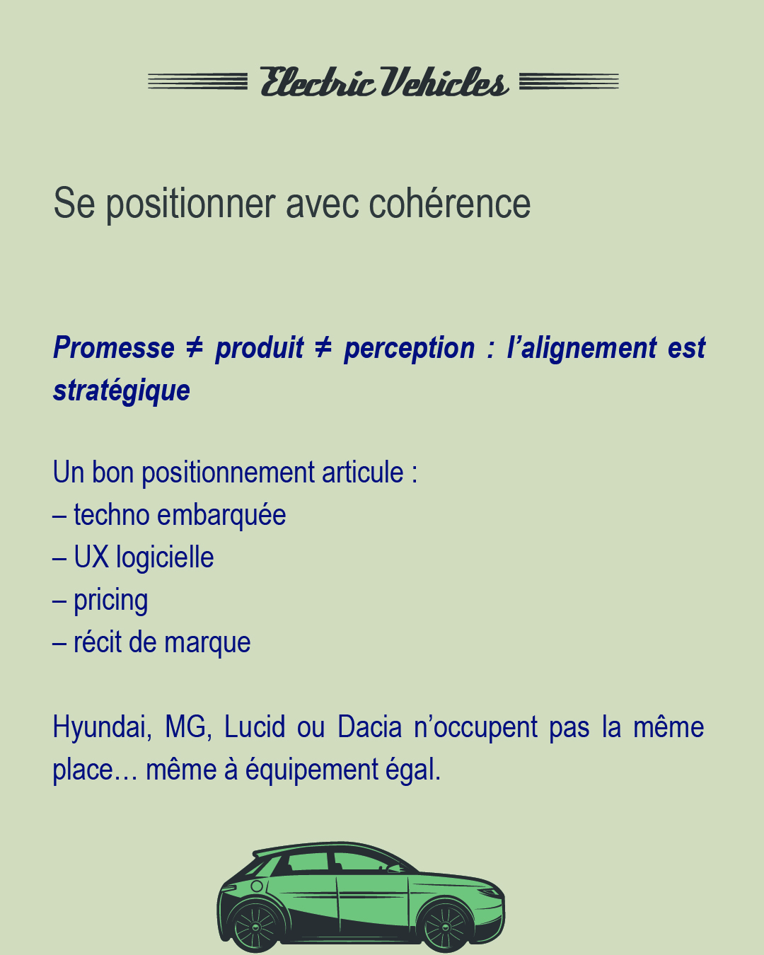 Positionnement stratégique des marques automobiles électriques – cohérence produit et perception.
