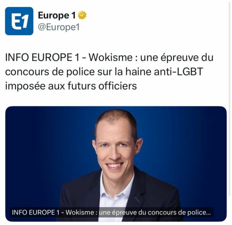 Une capture d’écran d’Europe 1 titrant sur le "wokisme", à propos d’un sujet imposé de concours lié à la haine anti-LGBT.