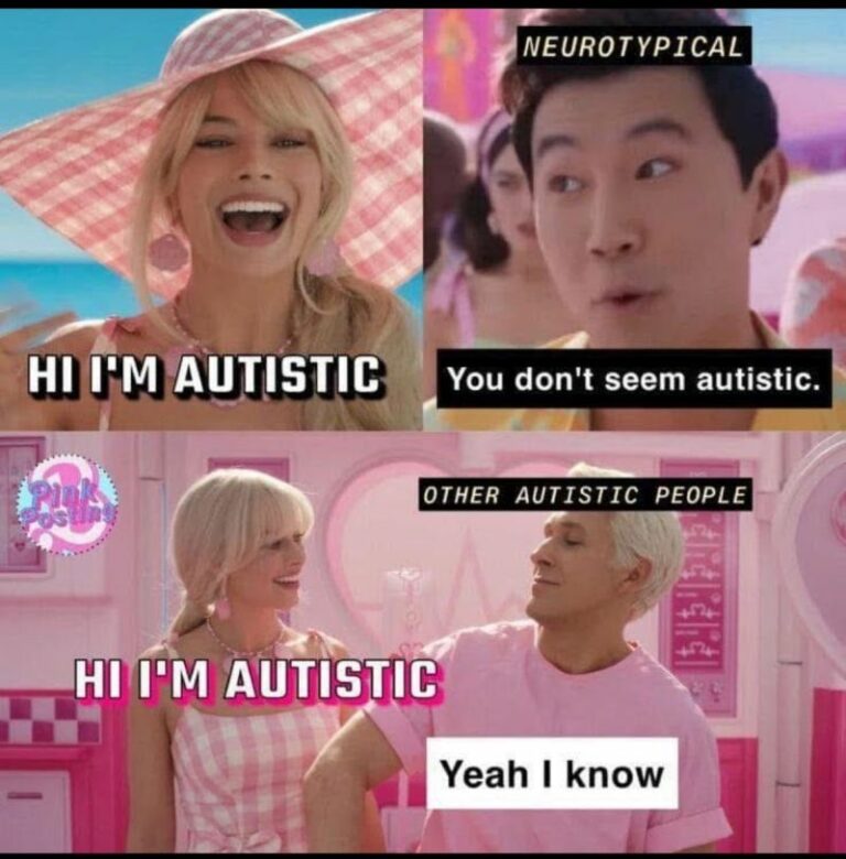 Mème sur l’autisme, avec des personnages du film Barbie échangeant sur la reconnaissance de l’autisme.
