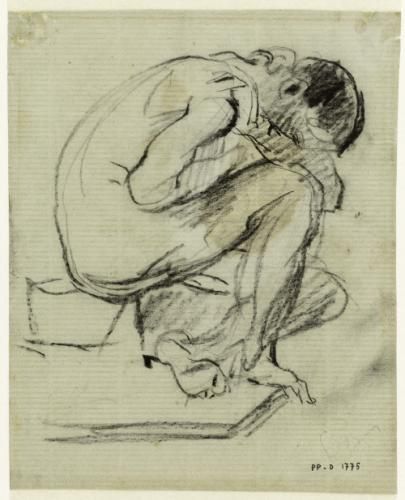 Dessin en noir et blanc représentant une personne nue recroquevillée, la tête enfouie dans ses bras, symbole de détresse émotionnelle et d’isolement.