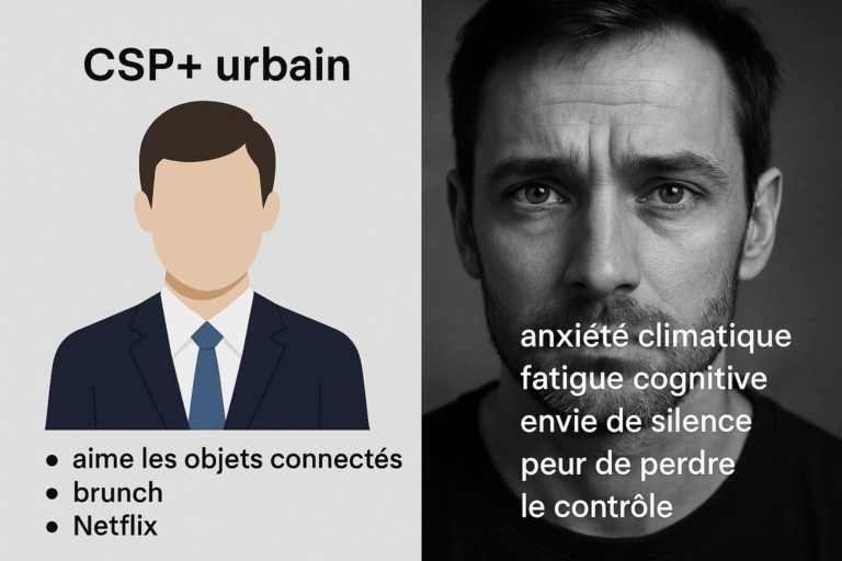 Illustration en diptyque opposant un persona marketing stéréotypé à un portrait humain réel, pour mettre en évidence l’écart entre segmentation simpliste et complexité cognitive des acheteurs de véhicules électriques.