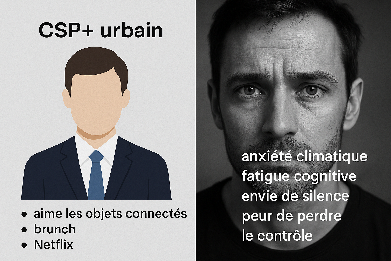 Illustration en diptyque opposant un persona marketing stéréotypé à un portrait humain réel, pour mettre en évidence l’écart entre segmentation simpliste et complexité cognitive des acheteurs de véhicules électriques.