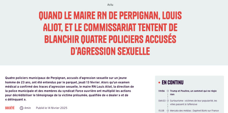 Louis Aliot, maire RN de Perpignan, accusé de couvrir des policiers poursuivis pour agression sexuelle.