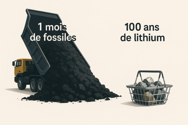 Camion-benne déversant une montagne de charbon face à une petite barquette de cailloux symbolisant le lithium