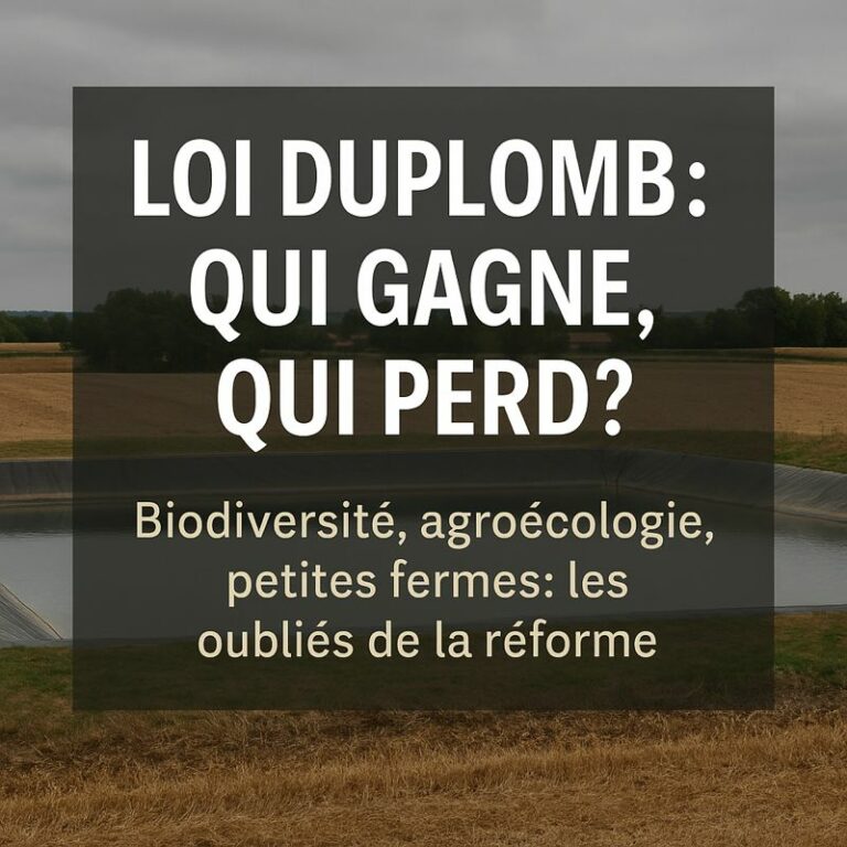 Champ agricole avec mégabassine sous ciel nuageux, surimpression du titre “Loi Duplomb : qui gagne, qui perd ?”.