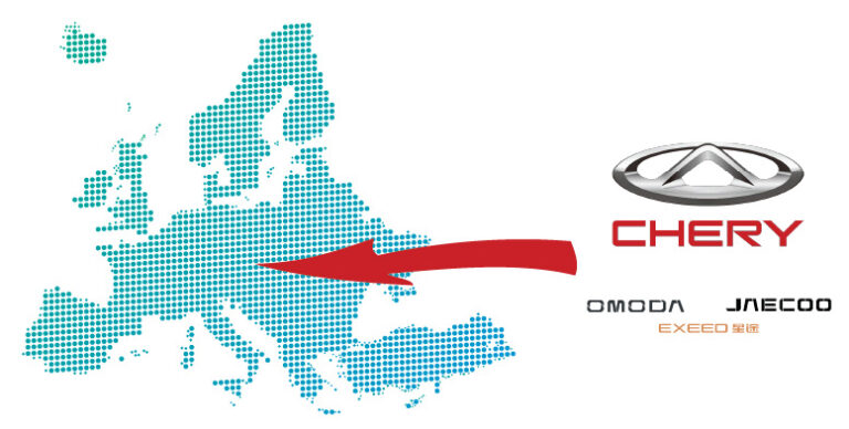 Carte de l’Europe pointillée avec flèche rouge indiquant l’expansion de Chery et ses marques Omoda, Jaecoo et Exeed.