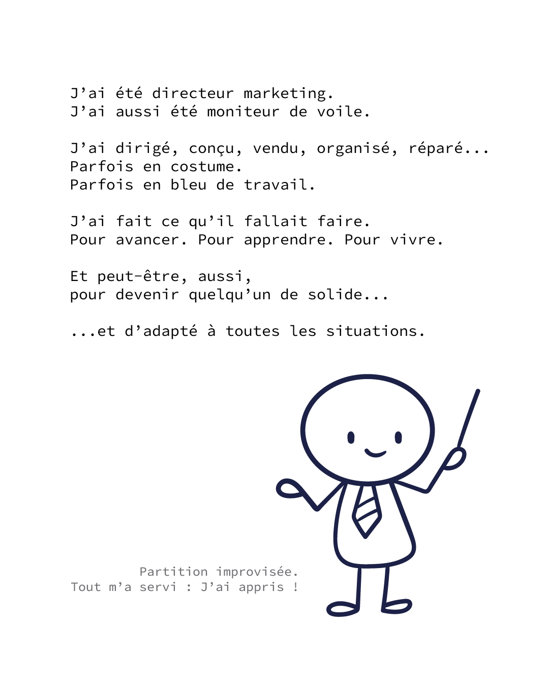 Illustration avec personnage en cravate tenant une baguette, accompagné du texte sur la diversité des expériences professionnelles.