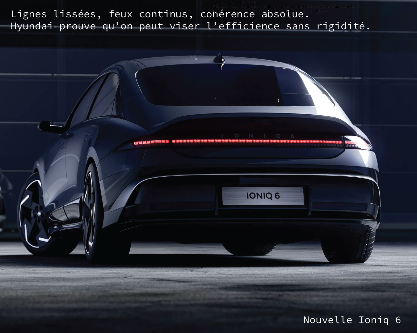 IONIQ 6 restylée – Signature arrière et lignes lissées (2026) Vue arrière de la Hyundai IONIQ 6 restylée, avec bande lumineuse continue et design épuré.