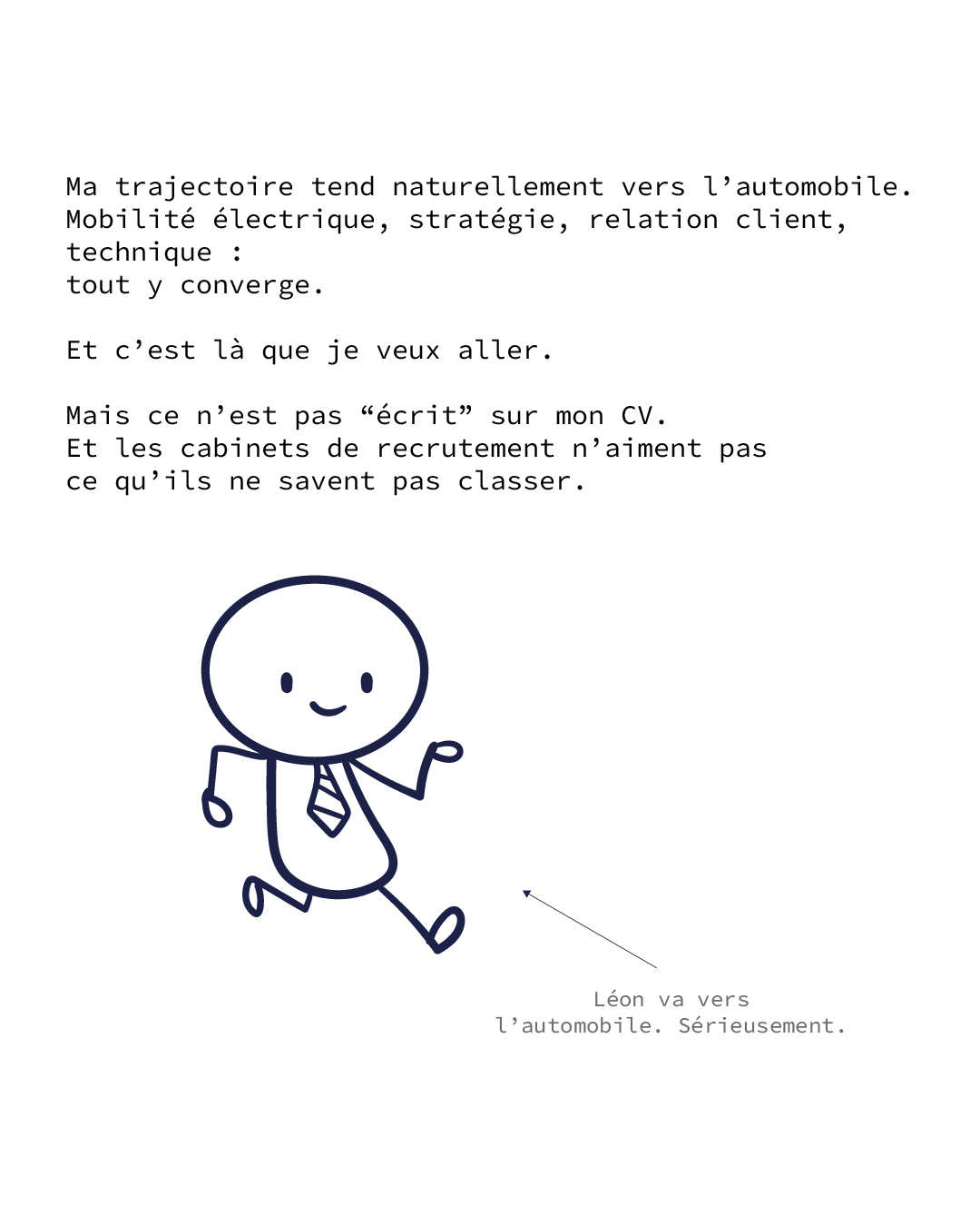 Illustration avec personnage en cravate courant, accompagné du texte sur une trajectoire vers l’automobile et la difficulté d’être classé par les recruteurs.