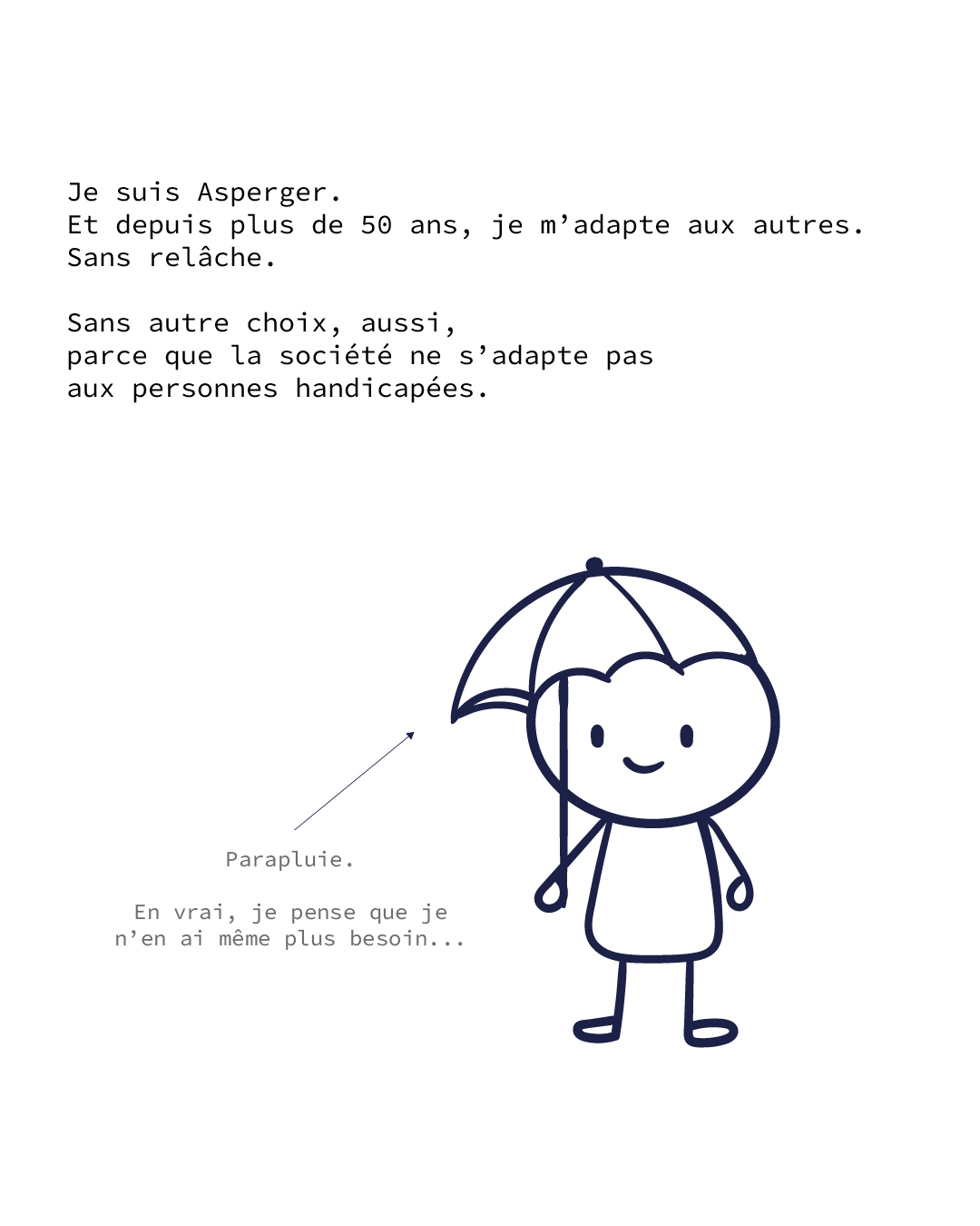 Illustration avec personnage tenant un parapluie, accompagné du texte sur l’adaptation constante liée à l’autisme Asperger.