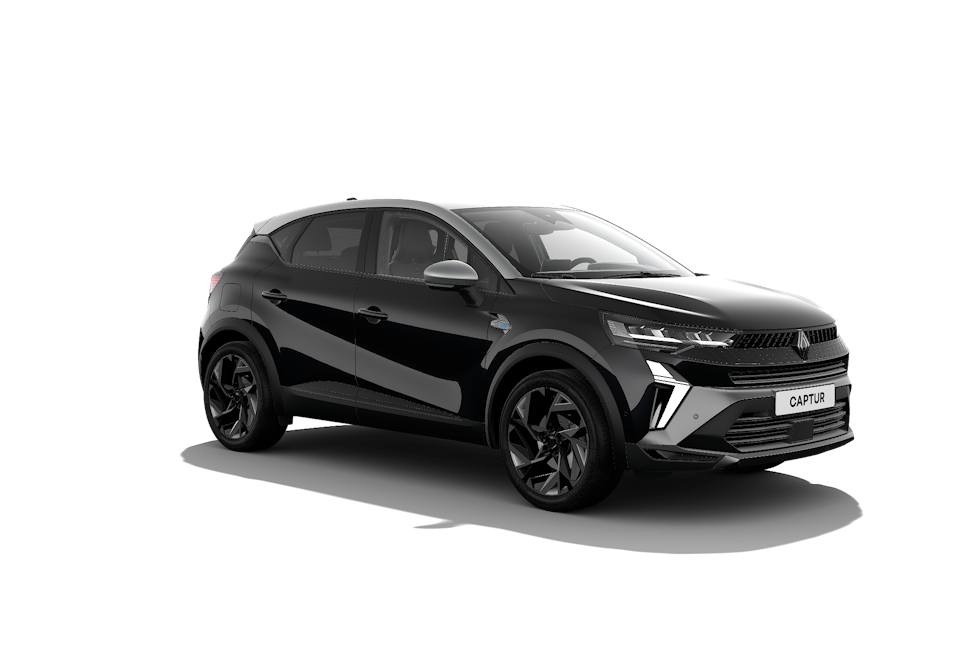 Renault Captur E-Tech PHEV. Renault Captur E-Tech hybride rechargeable noir, vue avant trois-quarts.