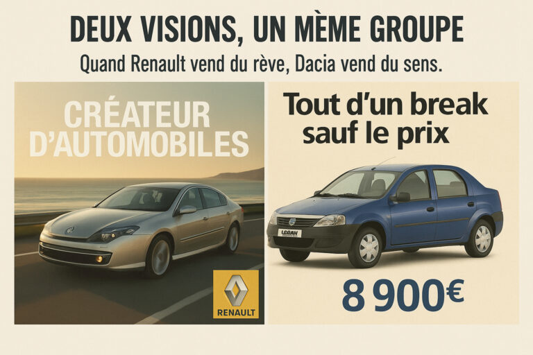Montage comparatif entre une publicité Renault premium et une publicité Dacia pragmatique, illustrant deux stratégies marketing opposées au sein du même groupe.