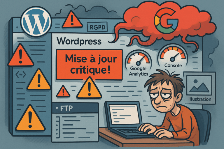Tableau de bord WordPress saturé d’alertes, avec un utilisateur dépassé par les plugins et Google.