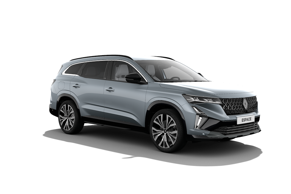 Renault Espace E-Tech PHEV. Renault Espace E-Tech hybride rechargeable gris clair, vue avant trois-quarts.