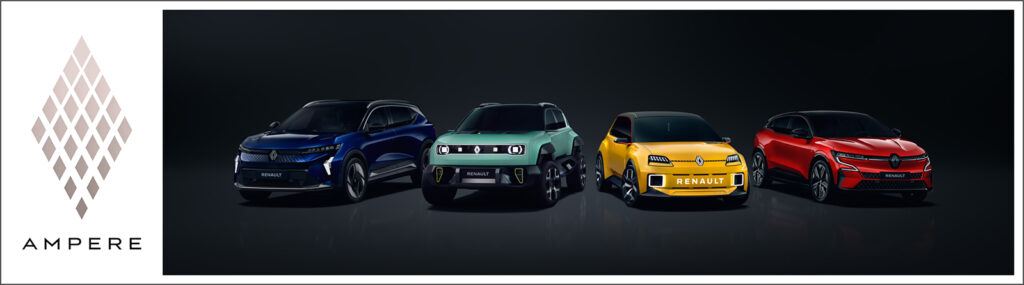 Gamme Ampere de Renault, avec le logo officiel Ampere à gauche et quatre modèles électriques Renault alignés