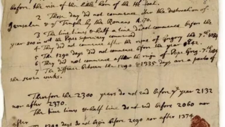 Manuscrit d’Isaac Newton évoquant l’année 2060 comme date de basculement prophétique.