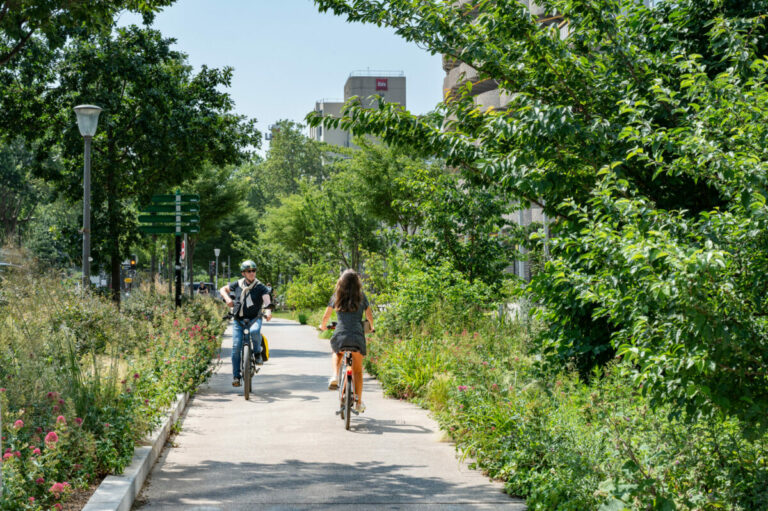 Deux personnes circulent à vélo sur une voie apaisée bordée d’arbres et de massifs fleuris dans un quartier urbain de Lyon. Un aménagement issu du projet urbain de Laurence Danière.
