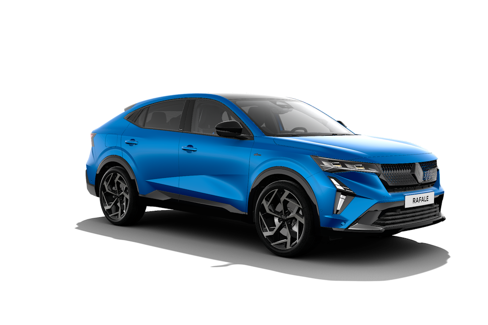 Renault Rafale E-Tech PHEV. Renault Rafale E-Tech hybride rechargeable bleu, vue avant trois-quarts.