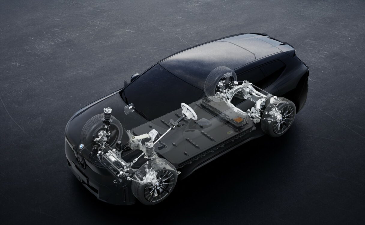 Plateforme structurelle BMW Neue Klasse iX3 Vue technique de la plateforme Neue Klasse iX3 avec batterie au plancher et suspensions avant/arrière