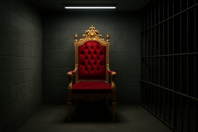 Trône rouge et or placé dans une cellule sombre, entre quatre murs de prison.