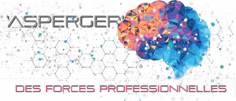 Cerveau stylisé coloré avec structure hexagonale et double titre : ‘Asperger – des forces professionnelles’
