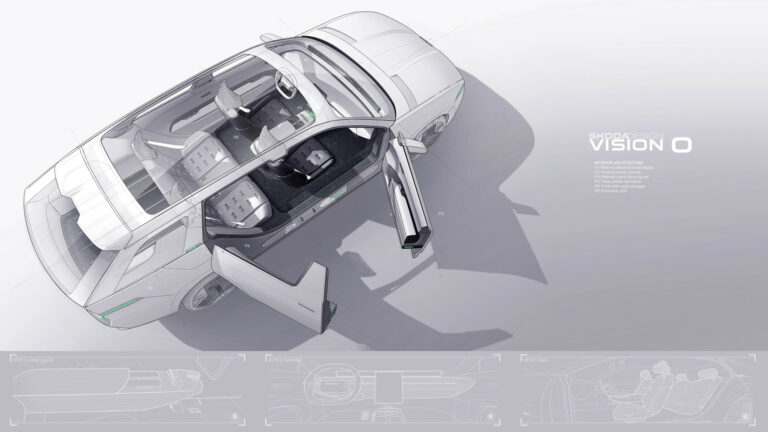 Vue conceptuelle de l’intérieur du Škoda Vision O, avec architecture ouverte et banquette arrière trois places.