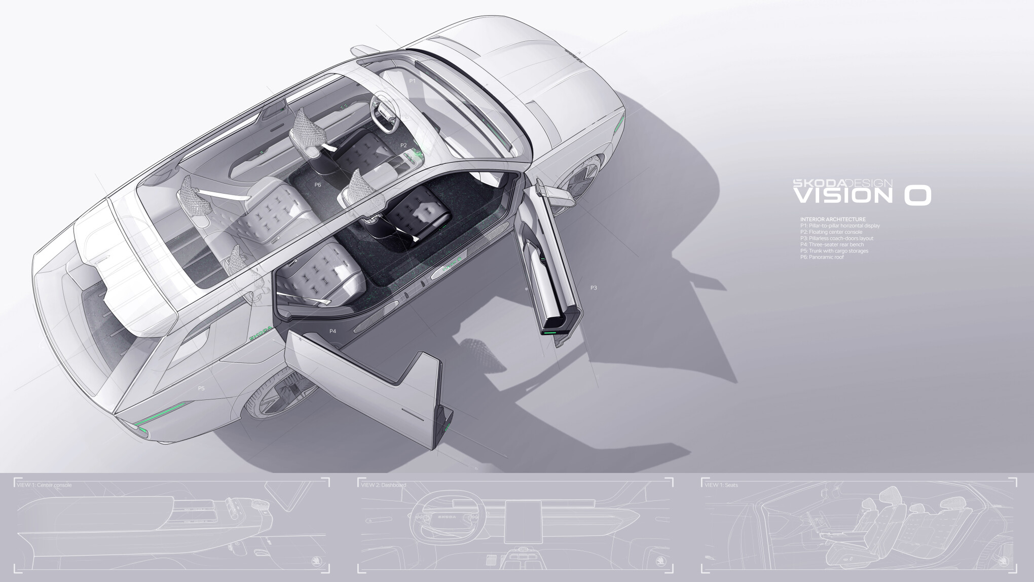 Vue conceptuelle de l’intérieur du Škoda Vision O, avec architecture ouverte et banquette arrière trois places.