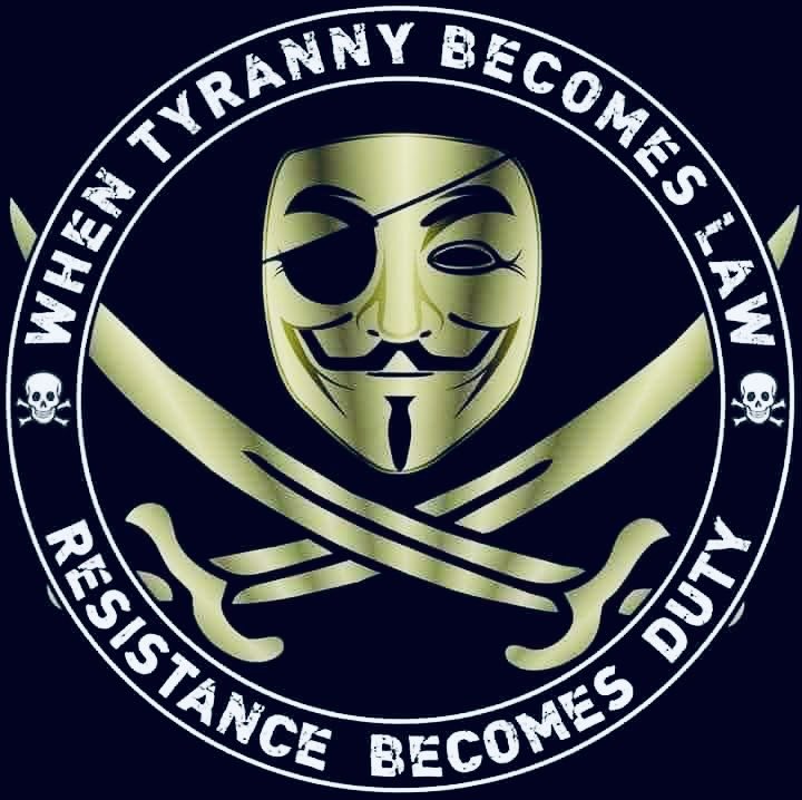 Masque de Guy Fawkes stylisé avec des sabres croisés et la devise « When tyranny becomes law, resistance becomes duty ».