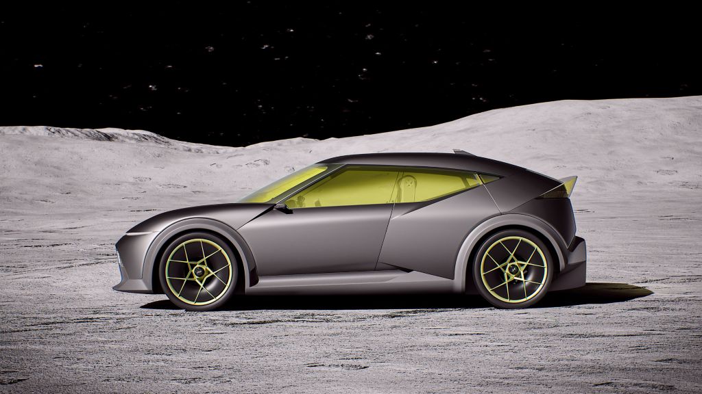Hyundai Concept Three, vue latérale sur fond lunaire, préfiguration de la compacte électrique Ioniq 3.