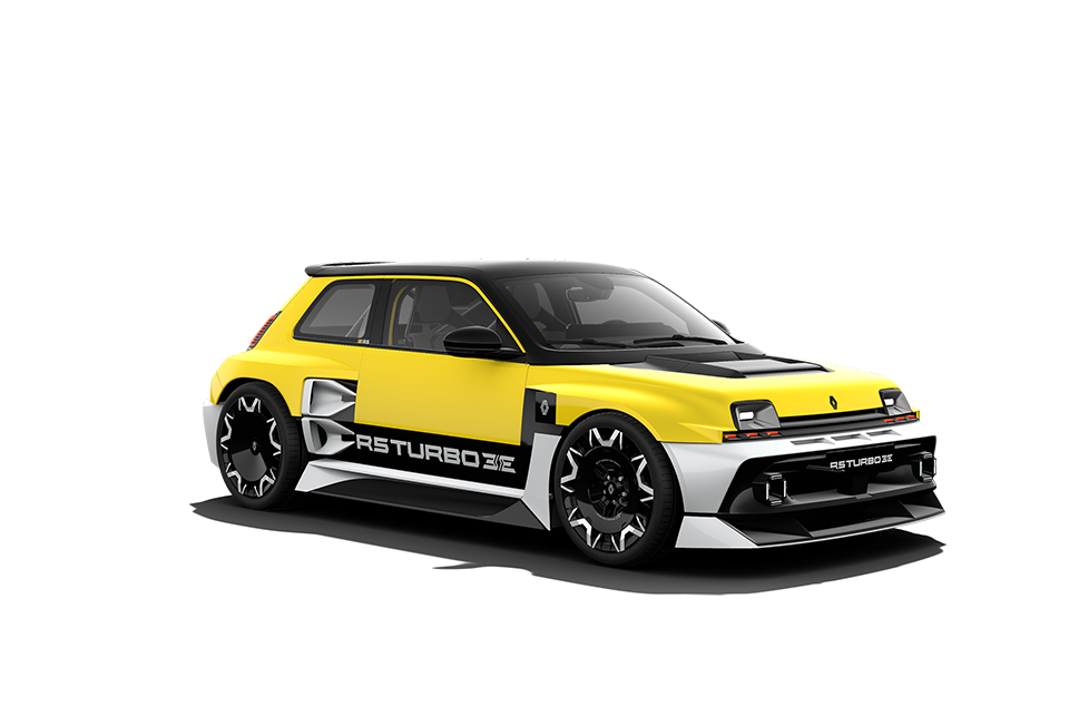 Renault 5 Turbo 3E Renault 5 Turbo 3E, série limitée sportive 100 % électrique jaune et noir.