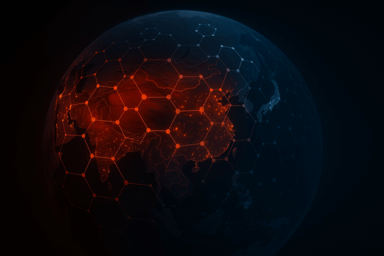 Carte stylisée du globe centrée sur la Chine, traversée par un réseau hexagonal rouge évoquant la structure du graphite et la domination chinoise sur les métaux critiques.