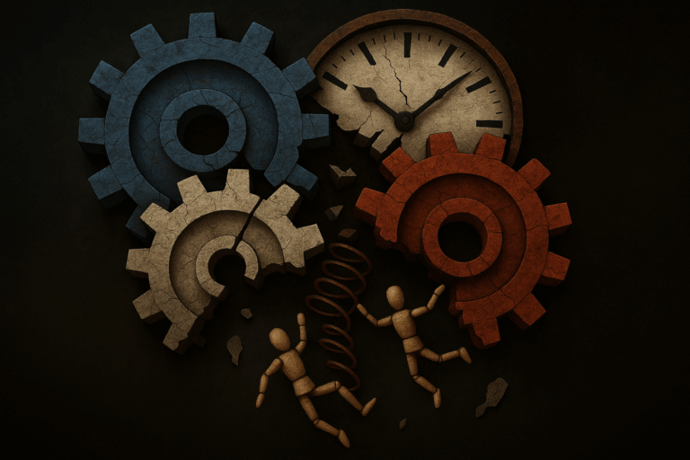 Engrenages bleu, blanc, rouge brisés, horloge fissurée et pantins désarticulés : la mécanique républicaine en panne.