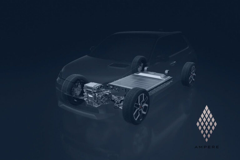 Plateforme électrique Ampere avec batterie et moteur visibles, sur fond bleu, illustrant la maîtrise technologique et la souveraineté cognitive.