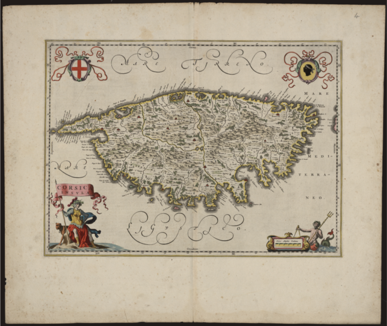 Carte ancienne de l’île de Corse montrant le relief, les côtes et l’organisation du territoire, utilisée pour comprendre et se repérer dans un espace complexe.