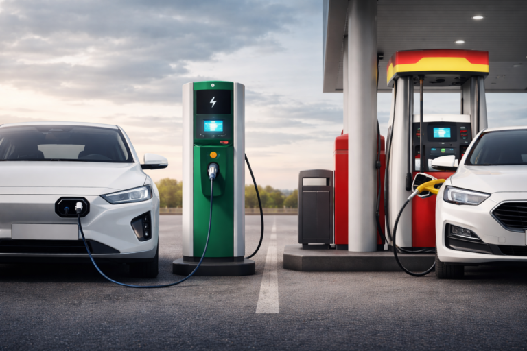 Comparaison entre une voiture électrique en charge sur borne et une voiture thermique ravitaillée à la pompe à essence