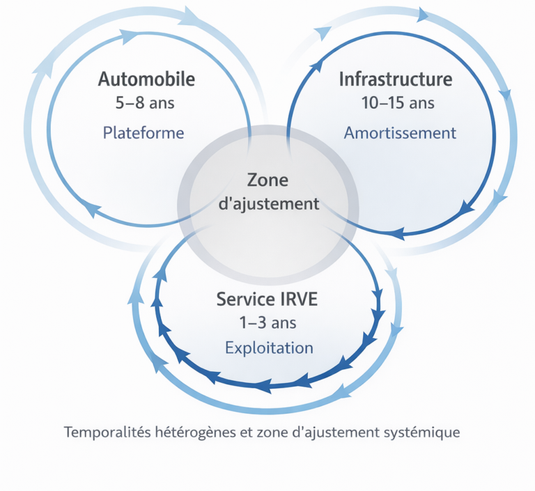 Diagramme de Venn montrant les temporalités hétérogènes de l’industrie automobile (5–8 ans), de l’infrastructure IRVE (10–15 ans) et du service IRVE (1–3 ans), avec une zone centrale d’ajustement systémique.
