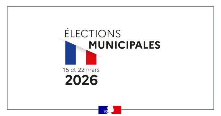 Visuel institutionnel annonçant les élections municipales françaises des 15 et 22 mars 2026 avec un drapeau tricolore stylisé.
