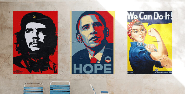 Affiches iconiques de Che Guevara, Barack Obama et Rosie the Riveter illustrant l’évolution de la radicalité politique vers des formes institutionnalisées.