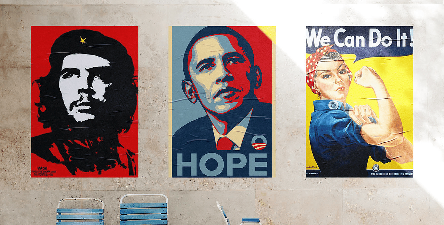Affiches iconiques de Che Guevara, Barack Obama et Rosie the Riveter illustrant l’évolution de la radicalité politique vers des formes institutionnalisées.
