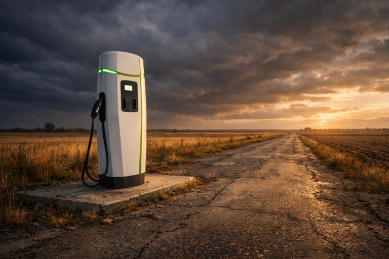 Une borne de recharge pour véhicule électrique installée au bord d'une route rurale déserte, sous un ciel d'orage au coucher du soleil. Aucun véhicule en vue.