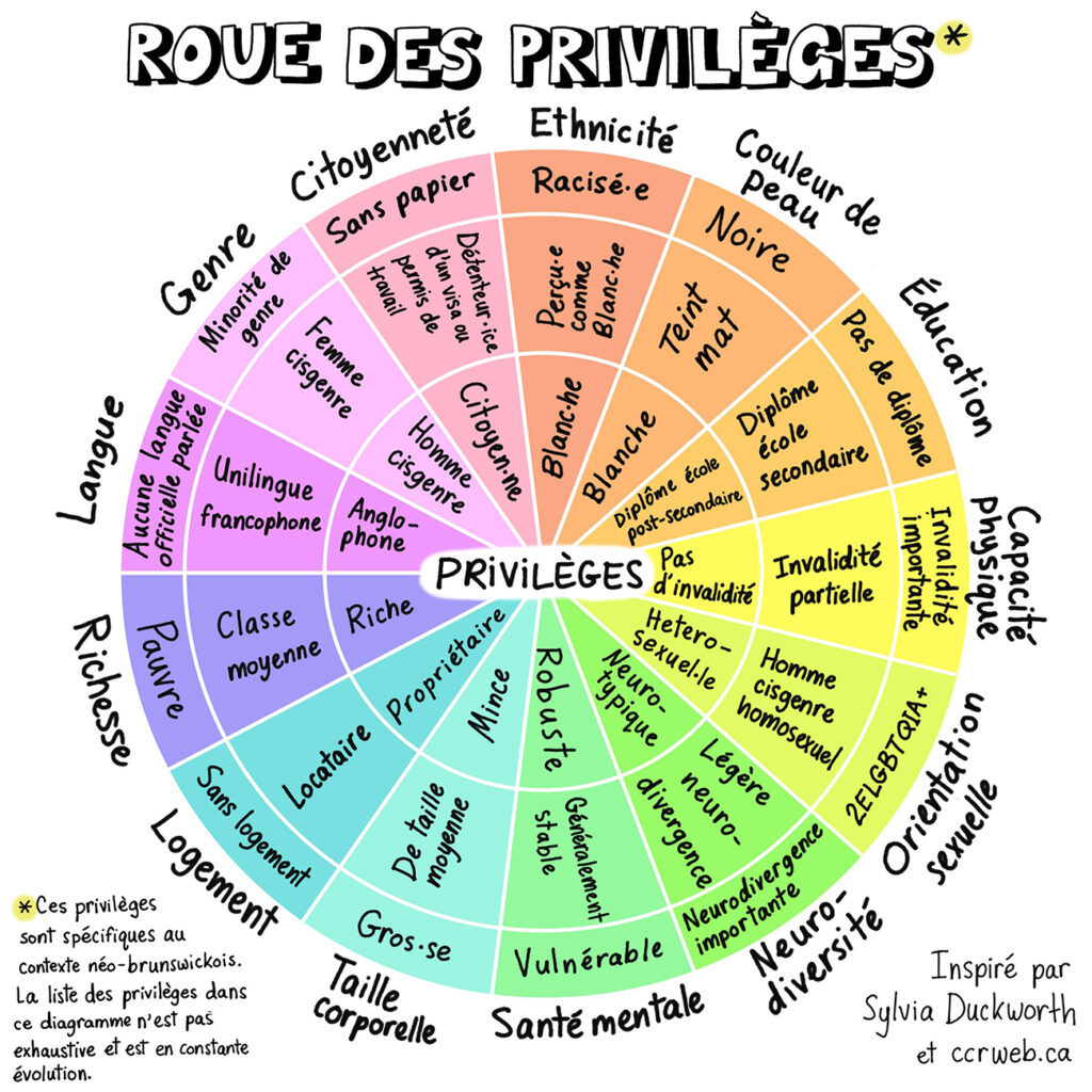 Roue des privilèges du Regroupement Féministe du Nouveau-Brunswick, illustrant les systèmes d'oppression croisés.