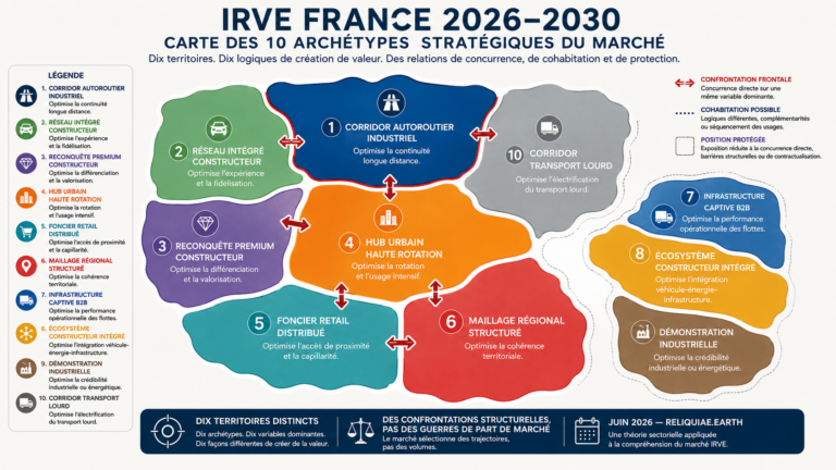 Carte analytique des dix archétypes stratégiques du marché français de l'infrastructure de recharge pour véhicules électriques. Représentation des territoires, des zones de confrontation frontale et des positions protégées. Étude sectorielle IRVE France 2026, Léon Chelli, reliquiae.earth.