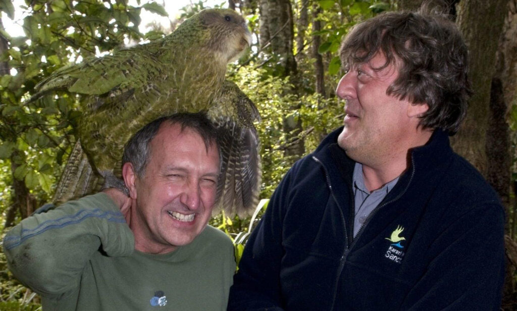 Sirocco le kakapo perché sur Mark Carwadine lors du tournage d’un documentaire en Nouvelle-Zélande.
